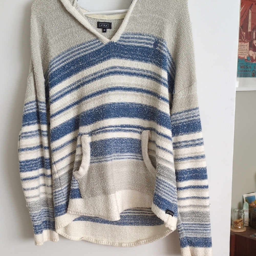 Lira Blue and Cream Striped V-Neck Sweater